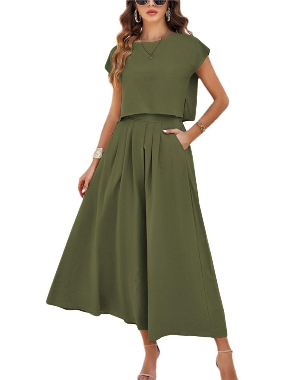 Women's Army Green Casual 2 Piece Outfits Crop Cap Sleeve Waisted Maxi Dresses